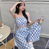Women's Summer Plaid Two-Piece Suit: Trendy Korean Tube Top with Wide-Leg Trousers