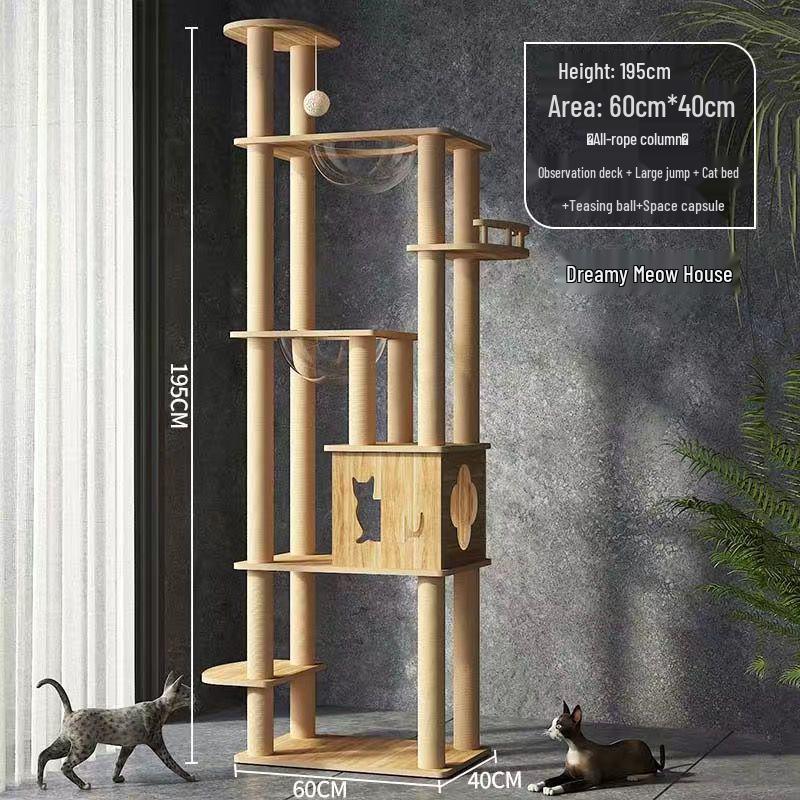 Большая кошачья игровая башня со встроенной кроватью-капсулой, когтеточкой, платформой от пола до потолка и полками.