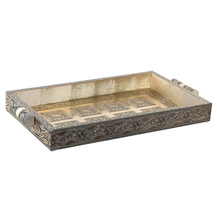 Plateau apéritif - DKD Home Decor - Champagne - Bois et métal - Design indien - 36x22x4 cm