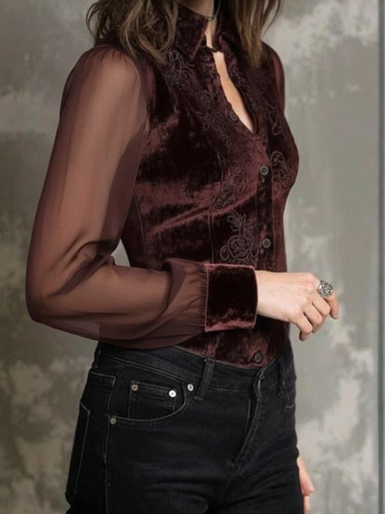 Ретро готическая бархатная рубашка пэчворк 2025 года - Стройный топ с длинным рукавом, подчеркивающий фигуру, для женщин