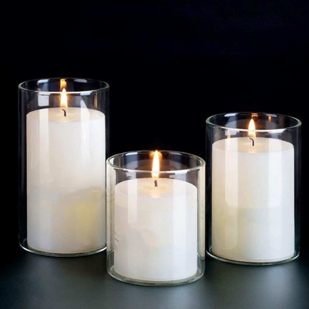 Luxshiny 3-Piece Glass Candle Holder - 6.5cm Clear Cylinder Candle Cups for Pillar Candles, Wedding Centerpieces & Home Decor (Clear)
