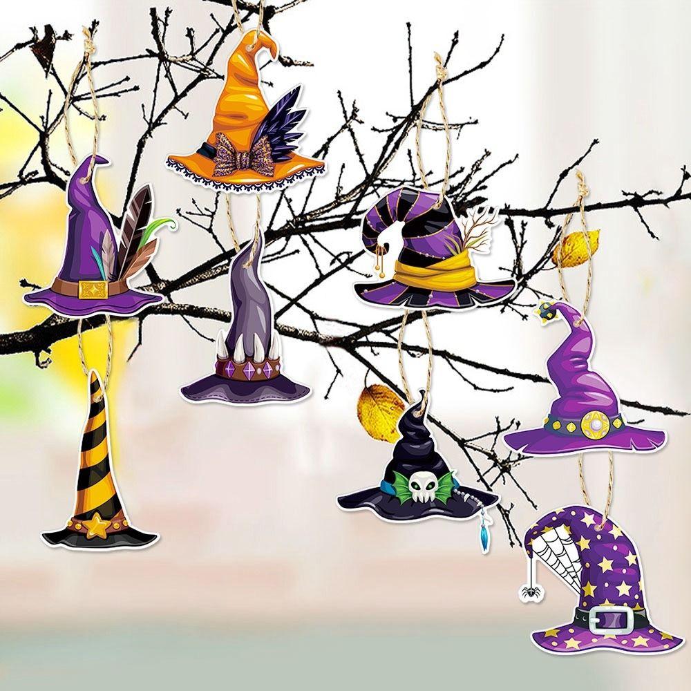 8Pcs Funny Witch Hat Hanging Paper Halloween Hanging Tag Haunted House