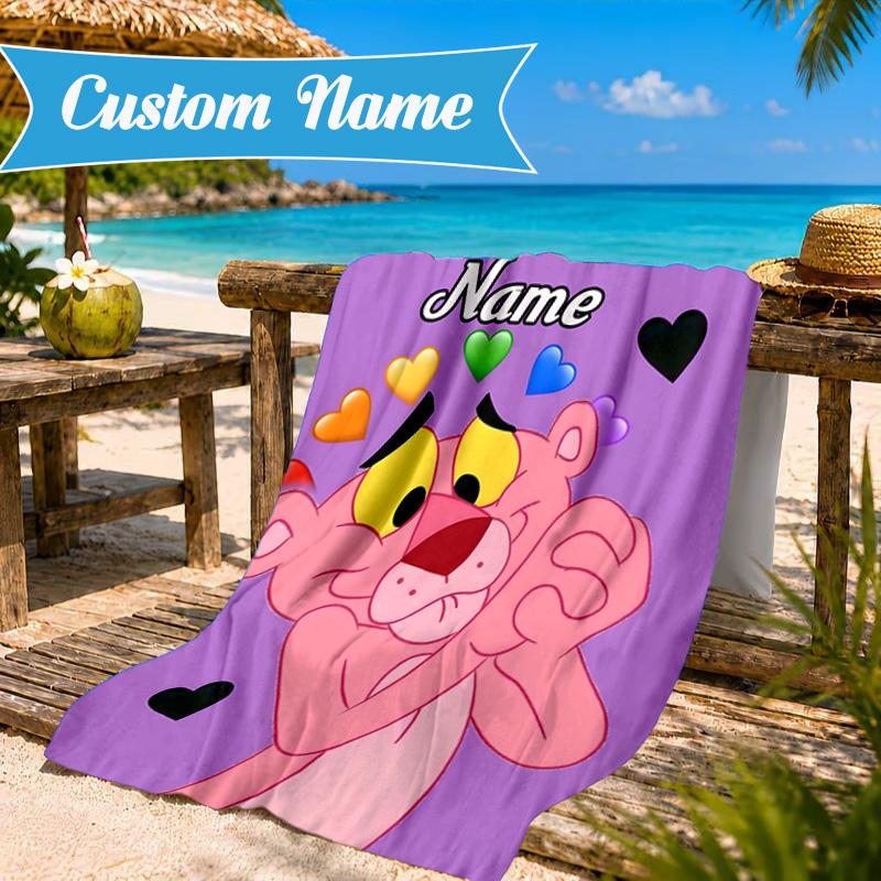 Custom Name Panther Heart In Space Adventure Microfiber Beach Towel, Lightweight for Summer Travel, Swimming Pool Fan Gift