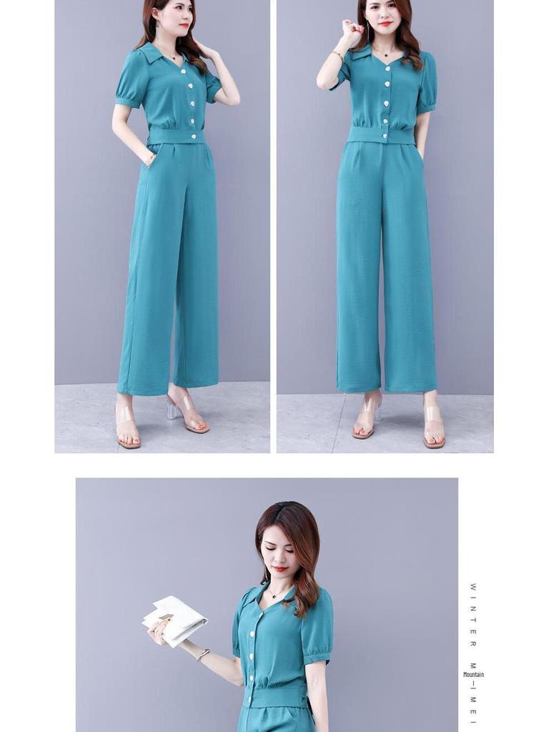 Модный женский летний шифоновый костюм-двойка 2025 - стильный омолаживающий комплект из рубашки и брюк для весны