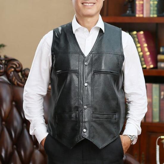 Faux Leather Waistcoat Men Motorcycle Vest Coat Warm Autumn Winter Single Breasted V-neck Sleeveless Jacket