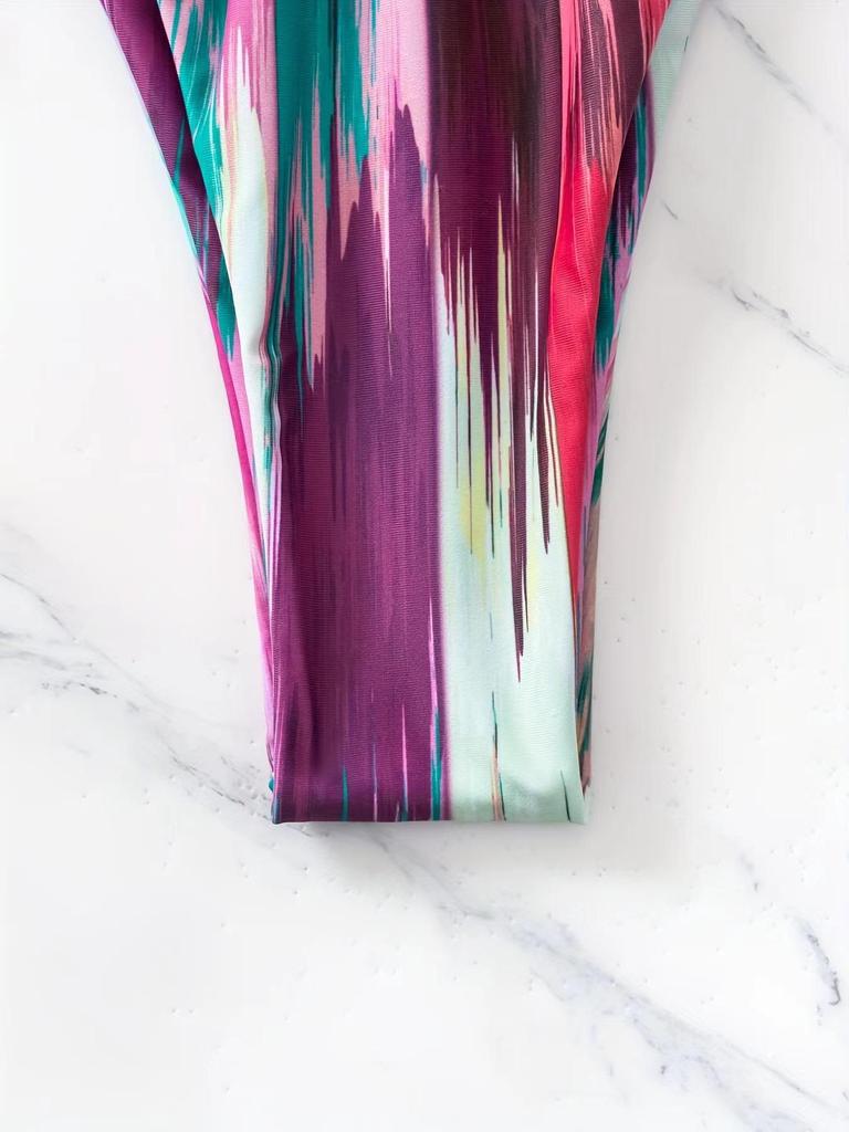 European & American Tie-Dye Three-Piece Deep V Bandage Bikini Set with Sexy Hollow-Out Design