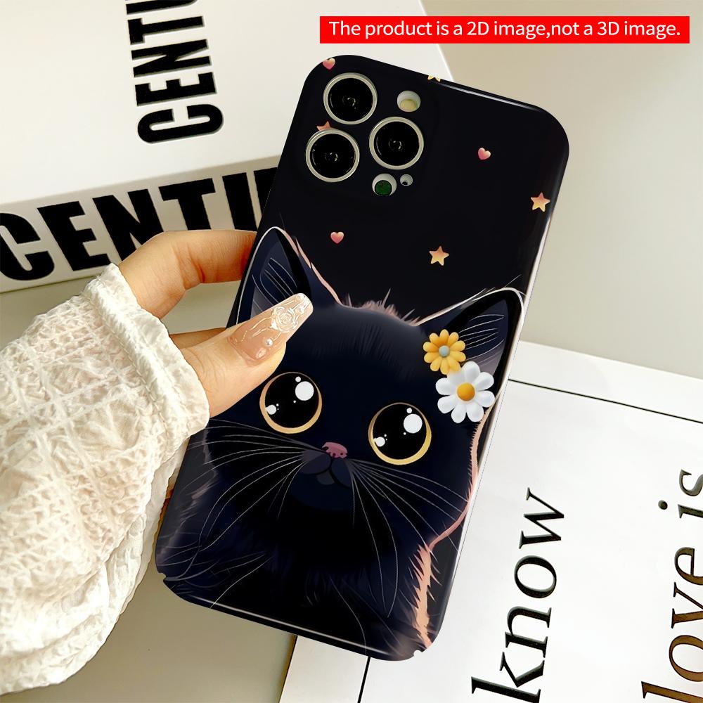 2DFlat Black Cat with Flowers and Stars Phone Case All inclusive film hard phone case, compatible with iPhone 18 Pro Max 17 16 15 14 13 12 11