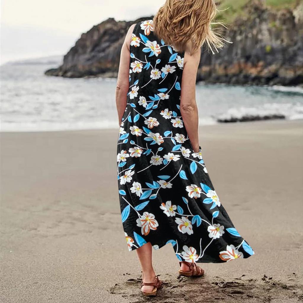 Women's Casual Comfortable Floral Print Sleeveless Cotton Pocket Dress