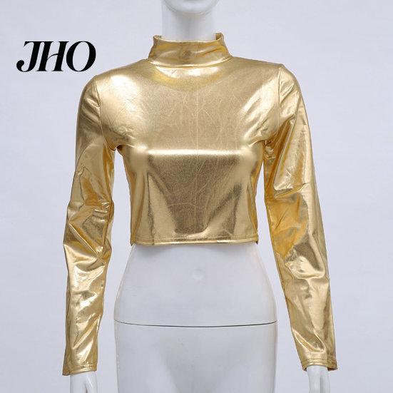 Women Top Club Glossy Faux Leather Half-high Collar Solid Color Waist-exposed Long Crop Sleeve Skinny Pullover Elastic Nightclub Stage Show