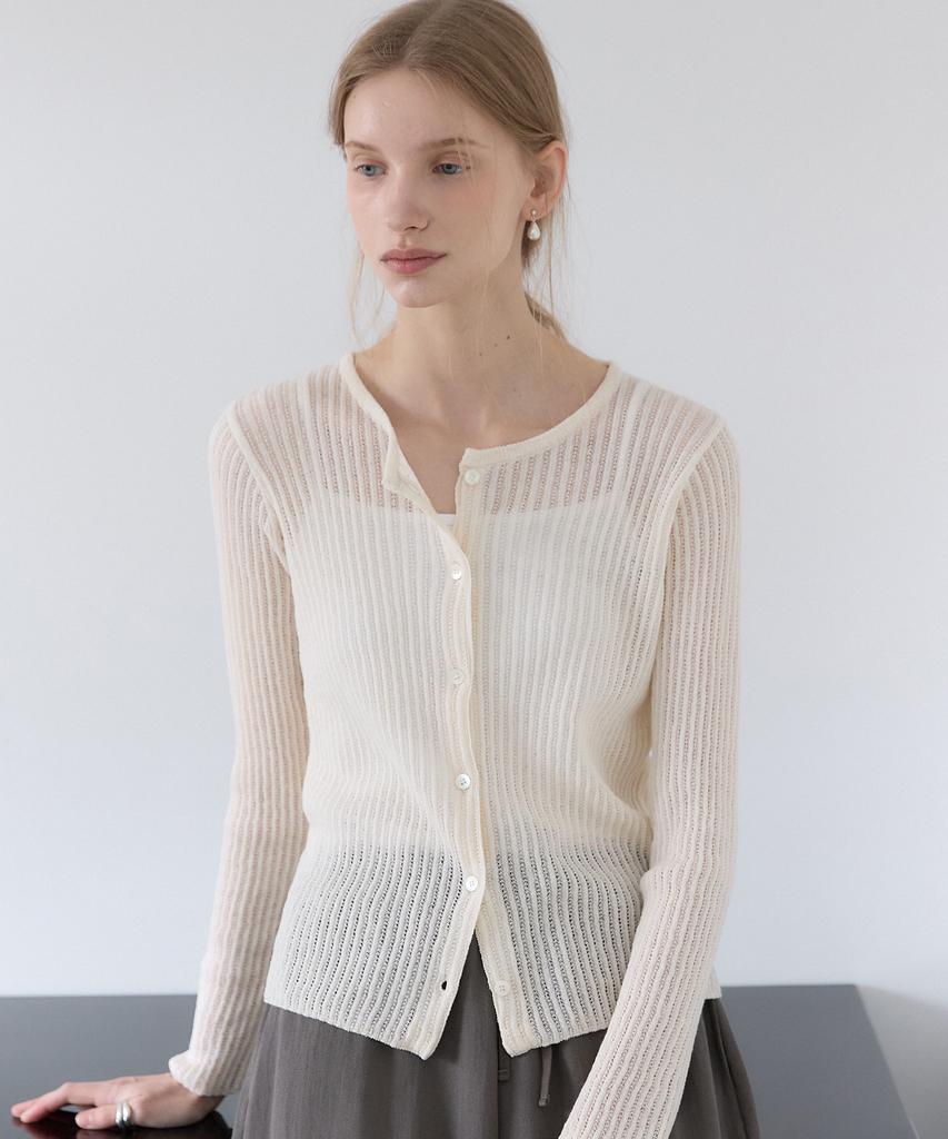 OURHOPE Linen Round Neck Ribbed Cardigan - Ivory