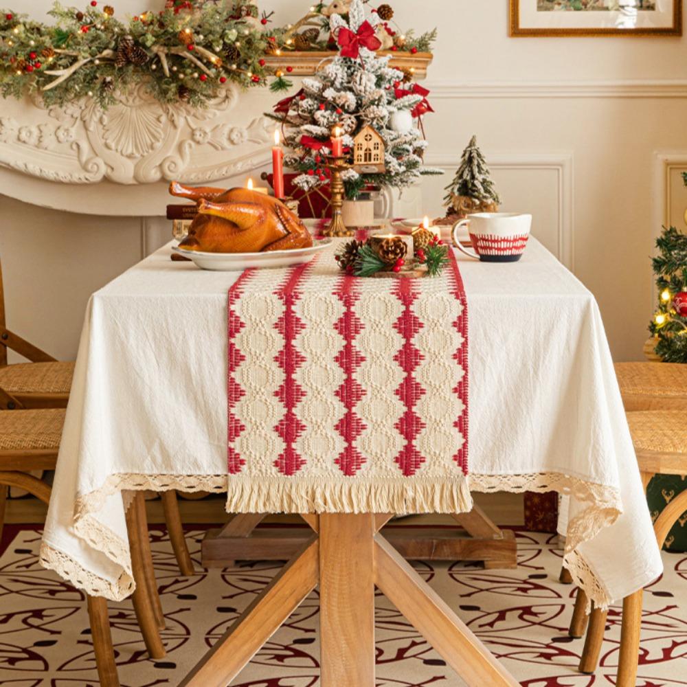 New Year Red Table Runner Knitted Fabric Creative Christmas Tablecloth Dining Table Decoration
