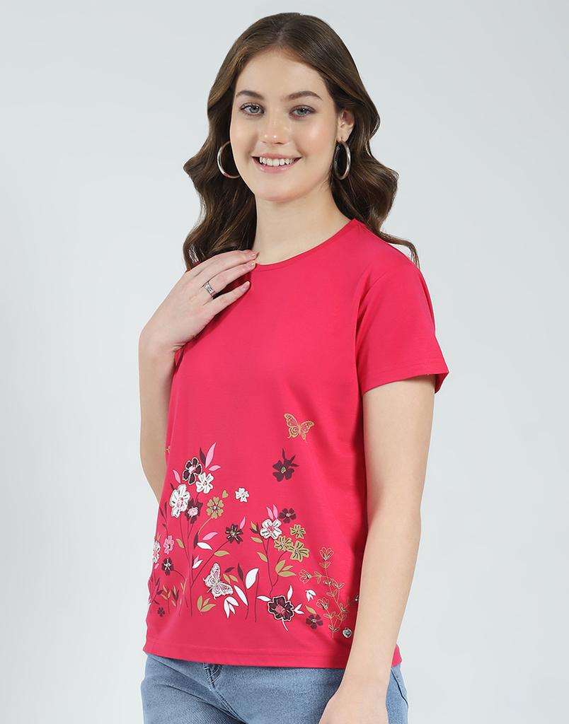 MONTE CARLO Women's Regular Fit Self Designed Half Sleeve Round Neck Top