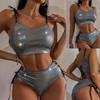 Women Sexy Triangle Split Bikini Suit Set Summer Tie Up Side G-String Thong Swimsuit Suspender Elastic Bikini