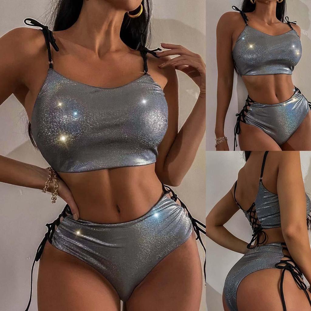 Women Sexy Triangle Split Bikini Suit Set Summer Tie Up Side G-String Thong Swimsuit Suspender Elastic Bikini