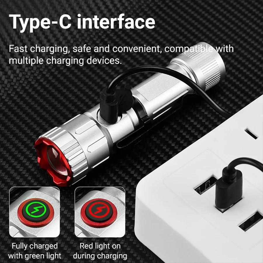Мощный светодиодный фонарик Zoom White Laser, перезаряжаемый через Type-C, для кемпинга, улицы, охоты, рыбалки, освещения при ходьбе
