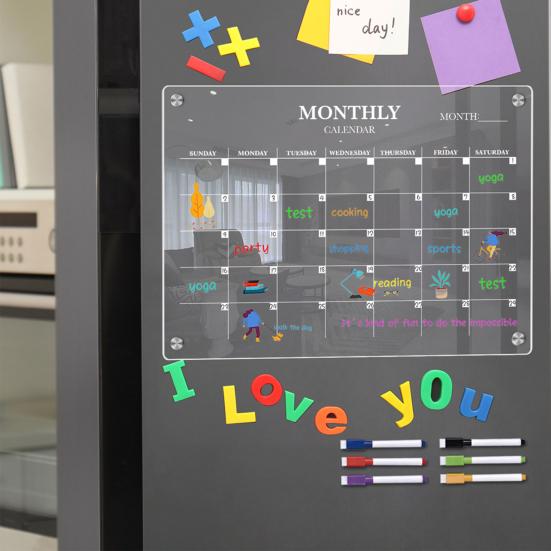 A3/A4 Magnetic Monthly Planner Board with 6 Colored Markers Reusable Clear Acrylic Refrigerator Calendar Dry Erase Monthly Schedule Planning Board