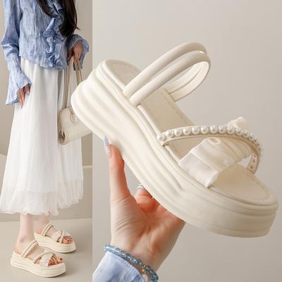 Босоножки, увеличивающие рост, с толстым дном, украшенные жемчугом - модный и универсальный женский износостойкий нескользящий удобный стиль