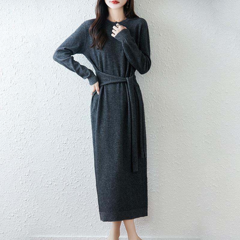Women Sweater Dress 100% Wool TIDENOVEL O-neck Knit Long Pullover Winter Jumpers Wool Long Dress Female