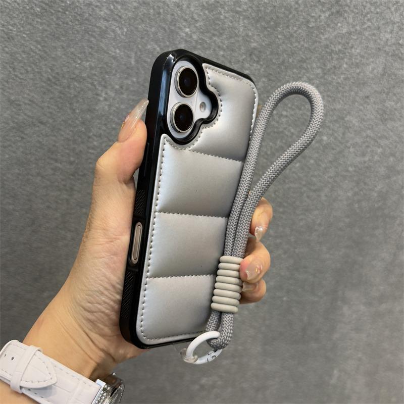 Модный пуховик Чехол-браслет для iPhone 15 16 Pro Max 14 Plus 11 12 13 С ремешком Однотонный Мягкий Ударопрочный Чехол