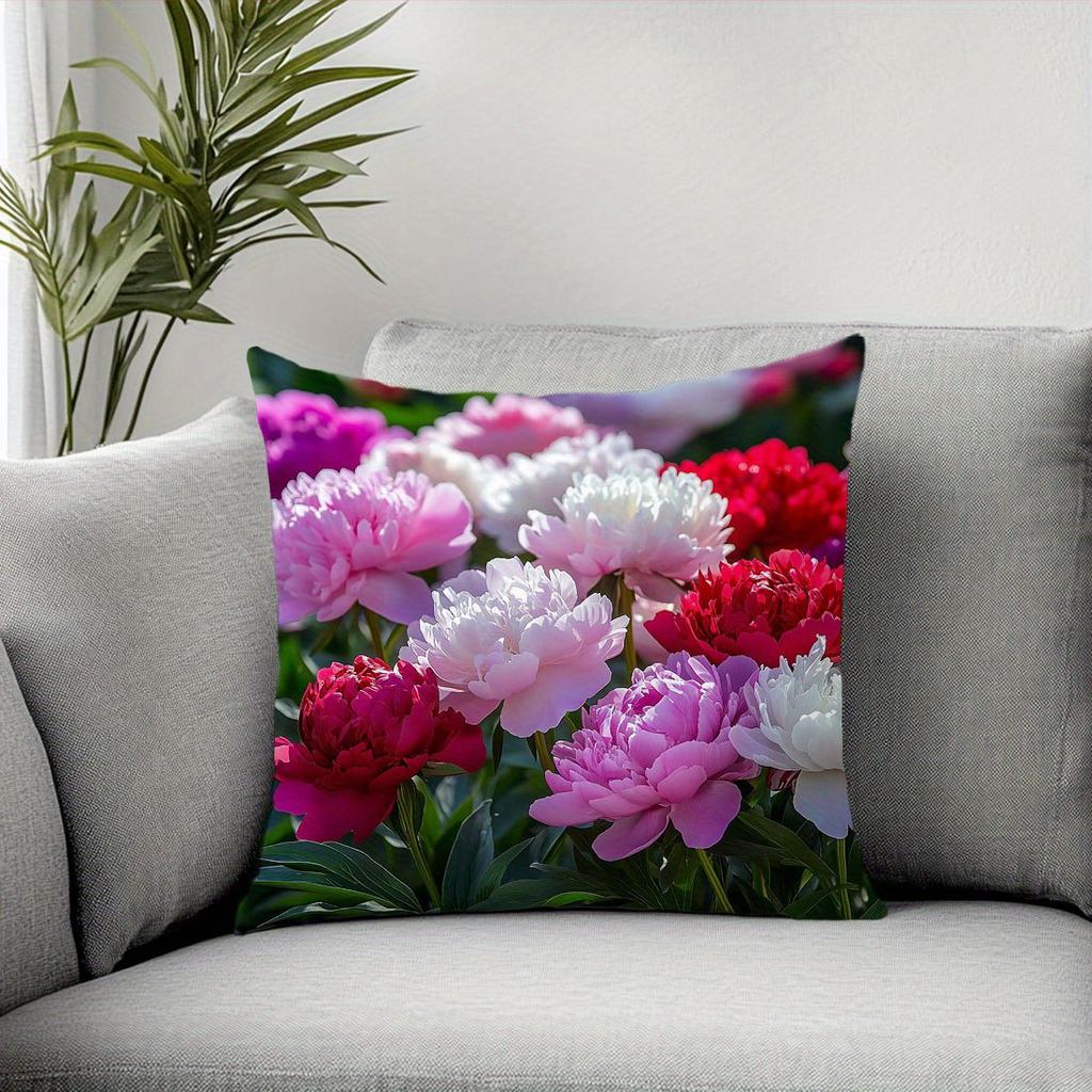 Vibrant Peony Flower Throw Pillow Cover Lush Garden Floral Print Decorative Cushion Cover For Romantic Living Room Home Decor