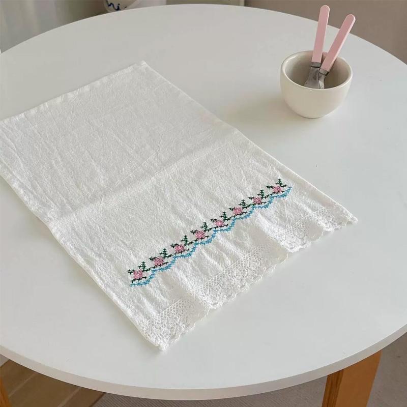 1Pc Solid Color Pastoral Style Photography Props Korean-style Cover Cloth Dust Cover Decorative Cloth Embroidered Cotton Placemat