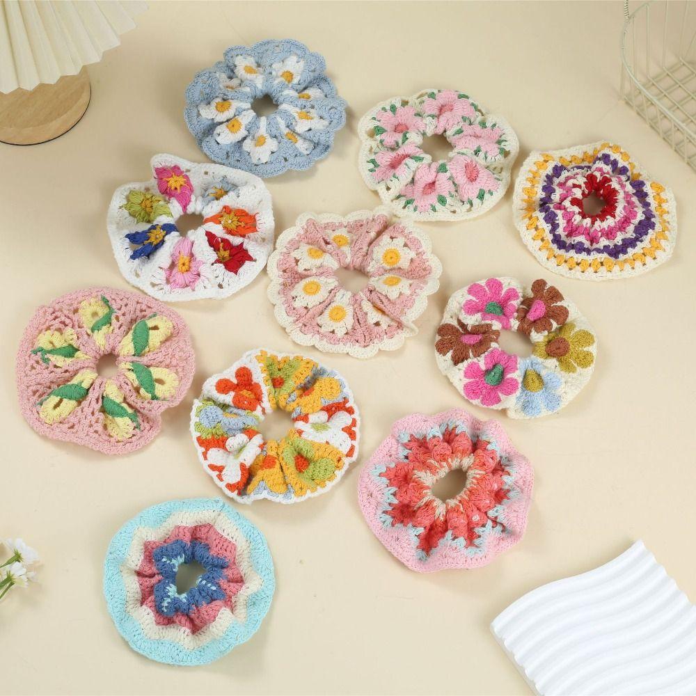 Elastic Crocheted Flower Scrunchies Flores Sweet Hair Tie Exquisite Knitted Hair Rope  Girls