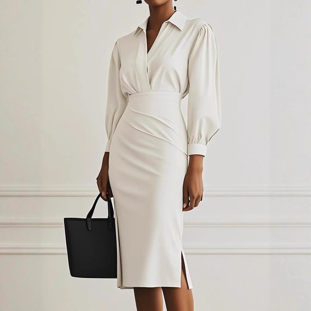 2025 Осень Весна Женское платье-рубашка с V-образным вырезом модное офисное леди однотонное с длинным рукавом облегающее бедра платья макси черное Vestidos Женское