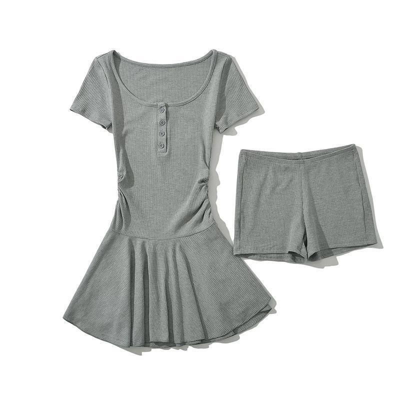 Minimalist Black Knitted Twopiece Set With Short Skirt And Top For Casual Wear