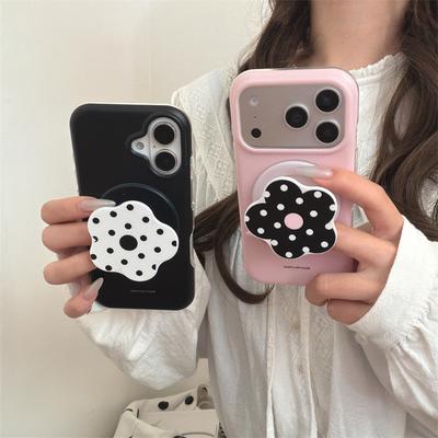 Милый Кавайный Чехол для Телефона в Горошек с Цветами для iPhone 17 16 15 14 Pro Max Черный Розовый Магнитная Подставка-Ручка Защитный Чехол для Девочек