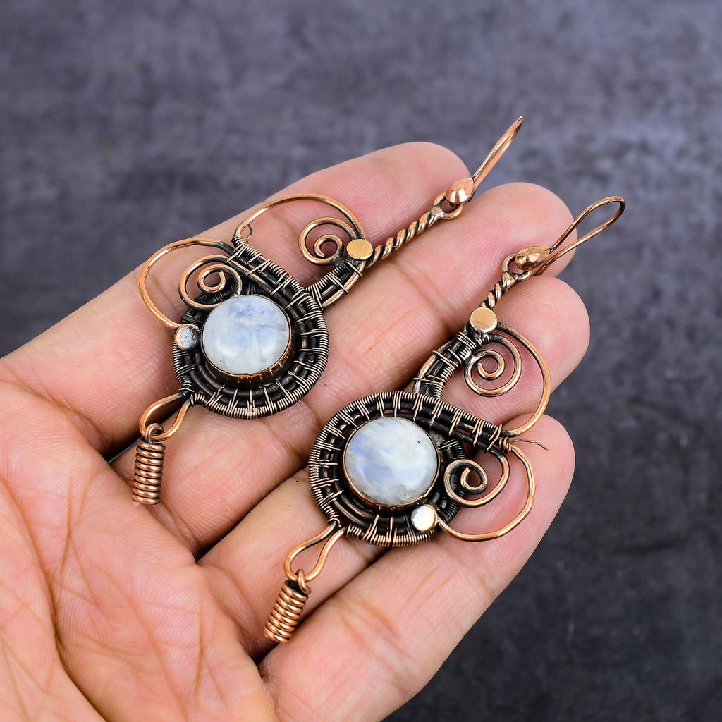 Natural Moonstone Gemstone Handmade Copper Wire Wrap Jewelry Earring 3.55" G0p68