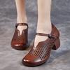 Retro Summer Women's Shoes Leather Shoes High Heeled Sandals Head Cowhide Hollow Out Breathable Cave Shoes