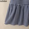 VONDA Women Stitching V Neck Short Sleeve Plaid Print Casual Pleated Dress