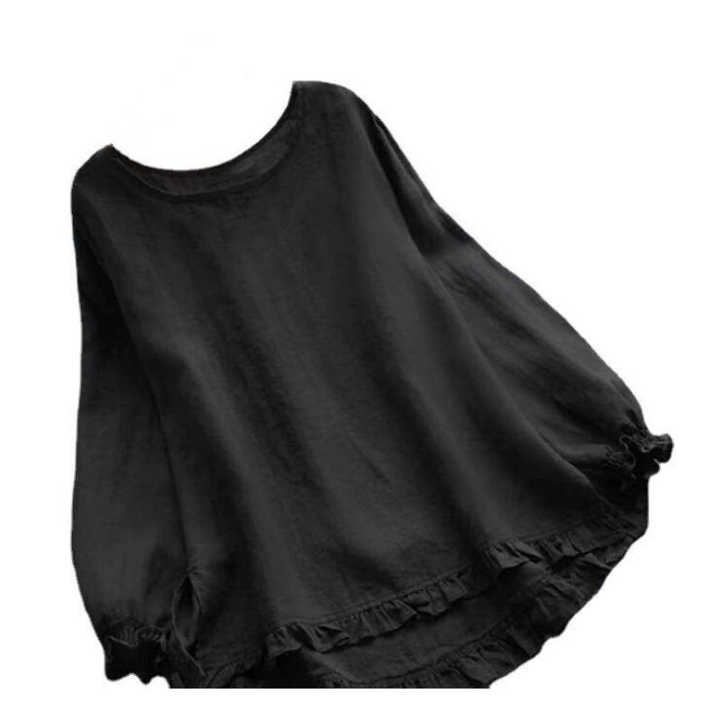 Длинные рукава с оборками по подолу, свободные манжеты, женские хлопковые льняные однотонные блузки и рубашки с круглым вырезом