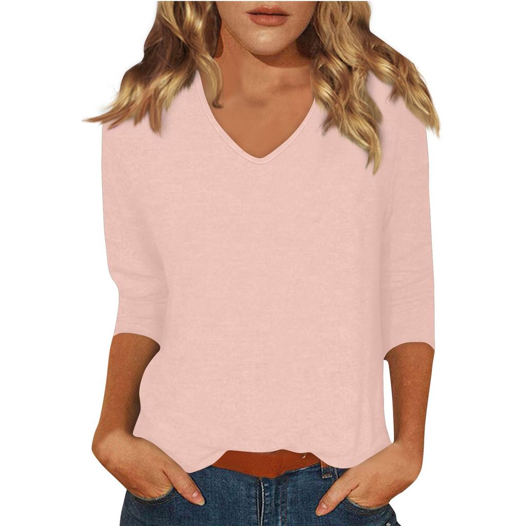 Женская модная повседневная однотонная футболка с v-образным вырезом и рукавами 3/4, топ