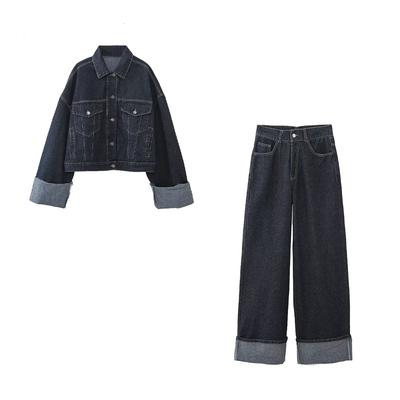 Весна Лето Женская мода Универсальная джинсовая куртка Длинные брюки Комплект из двух предметов Джинсовая ткань