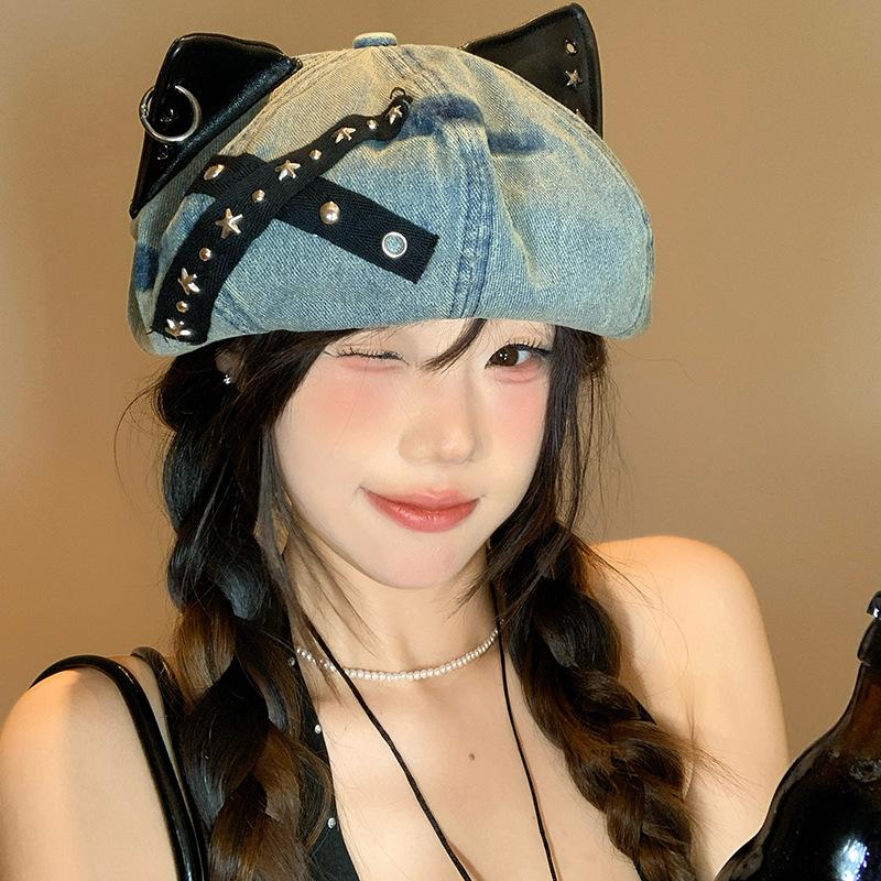 Sweet and Cool Cat Ear Hat Spring and Autumn American Retro Hat Female Yk Casual Versatile Denim Octagonal Hat
