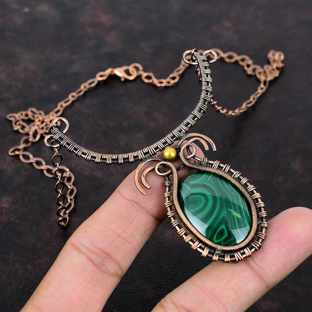 Малахитовое ожерелье Ожерелье из медной проволоки Изящное ожерелье ручной работы Ювелирные изделия из проволочной обмотки Регулируемая цепочка Ожерелье Ювелирные изделия из медного драгоценного камня