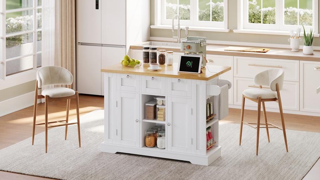 132cm Mobile Kitchen Table, Country House Style, Foldable Countertop, Multifunctional Cabinet, Spice Rack, Towel Holder, 4 Wheels, Integrated Socket