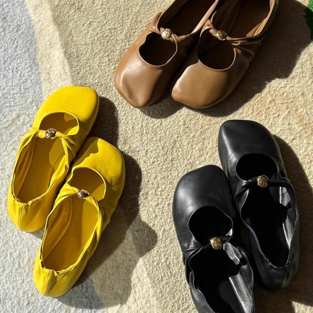 Sheepskin Version! Retro Pleated Shallow Mouth Square Head Single Shoes for Women with Soft Bottom Flat Bottom Mary Jane Shoes for Women