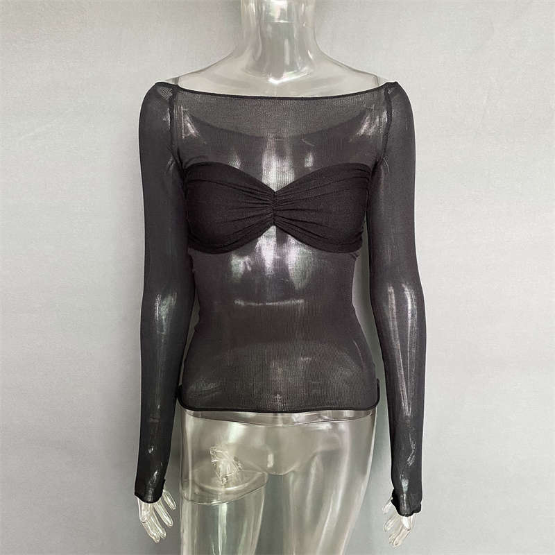 Длинные рукава Легкая женская одежда Один воротник Легкая перспектива Нежный стиль SLIM