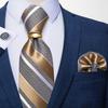 Mens Silk Tie Set Gold Tie Ring Striped Necktie Hanky Cufflinks for Business Party