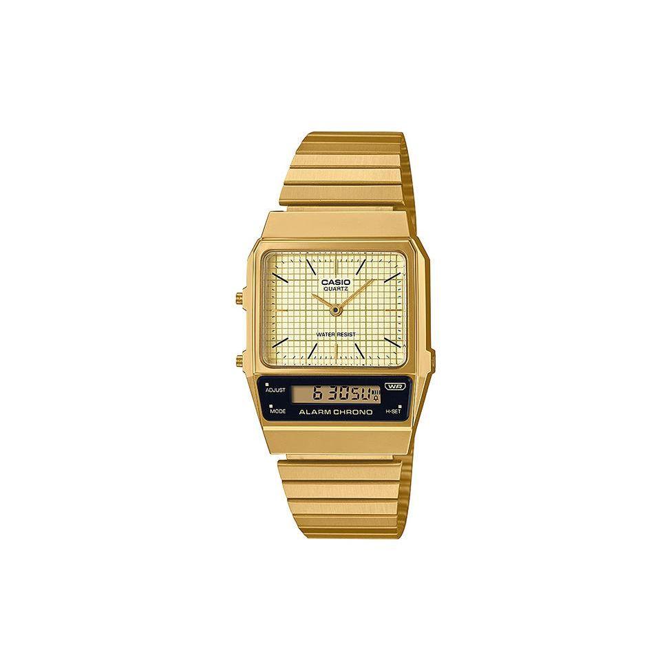 Casio Стандартные Ретро Повседневные Водонепроницаемые Часы с Кварцевым Механизмом и Стальным Браслетом Мужские Часы Золотые AQ-800EG-9AJF