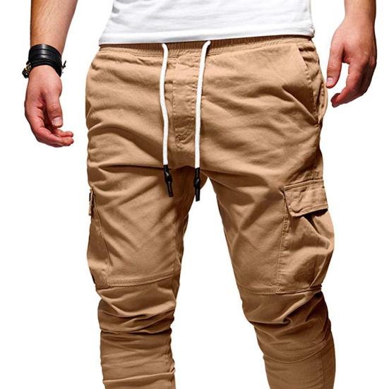 Men Thick Cargo Pants Drawstring Waist Warm Jogger Pants Autumn Winter