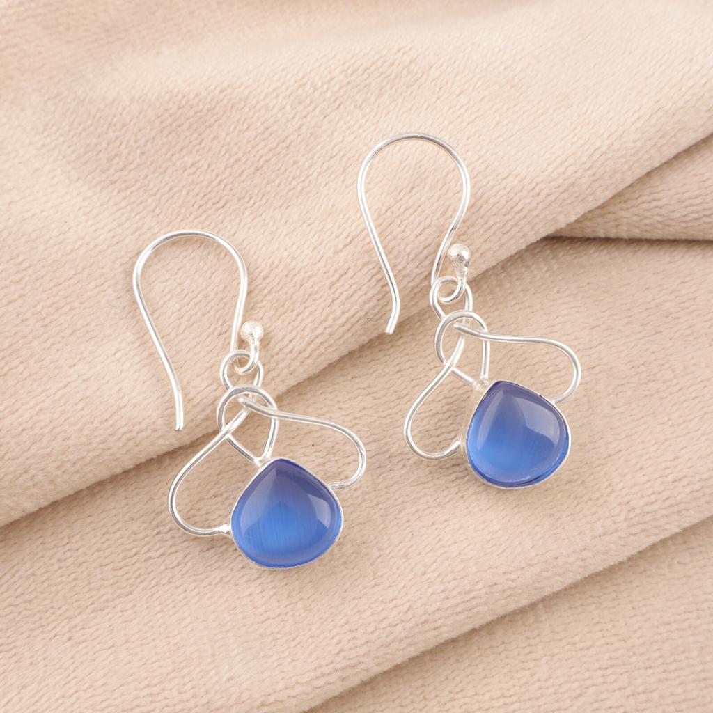 Dark Blue Cat's Eye Gemstone 925 Stamped Silver Jewelry Handmade Earrings 1.50" EE-2-46