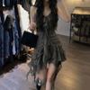 Karrcat Gothic Ruffles Dress Fairy Grunge Bandage Mini Dress Sleeveless Irreular V-neck Cake Dress Emo Alt Clothes Vintage Goth