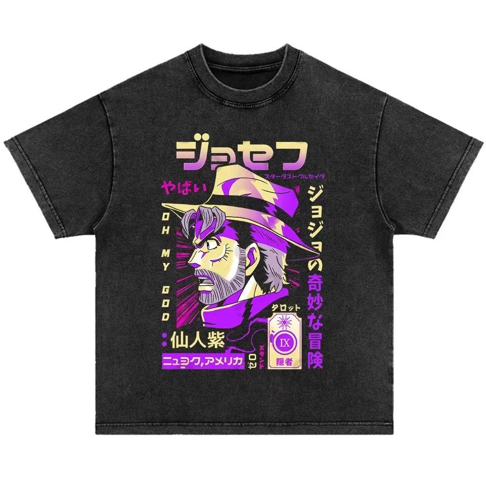 Japanese Anime Jojo Bizarre Adventure Vintage Washed T-Shirt Killer Queen Graphic T Shirts Men Women Cosplay Oversized T-shirt