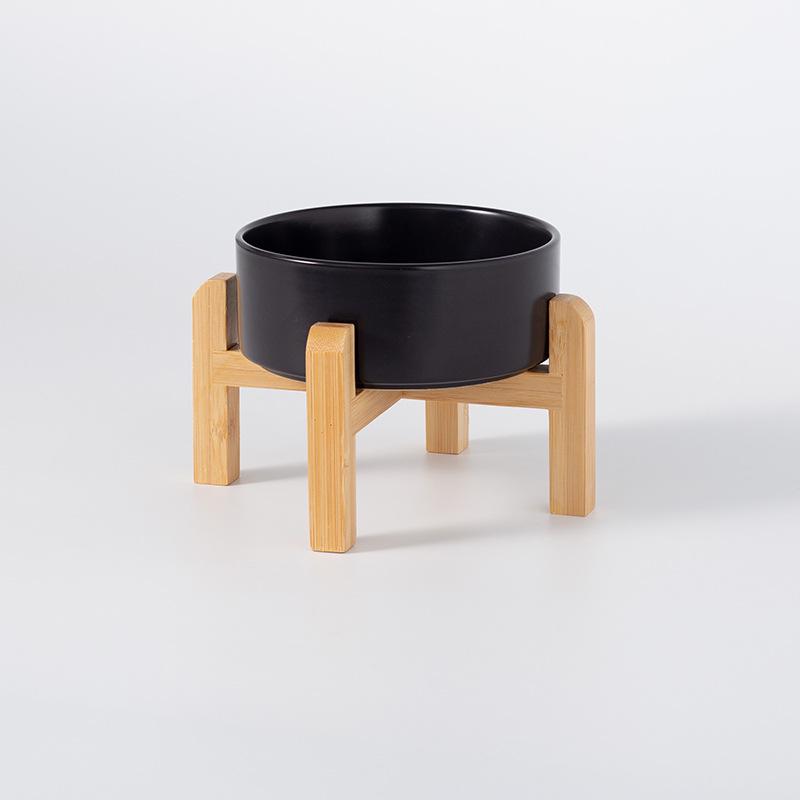Керамическая миска для корма домашних животных с приподнятой бамбуковой подставкой - Антиопрокидывающаяся конструкция для собак и кошек, Защищает шейный отдел позвоночника