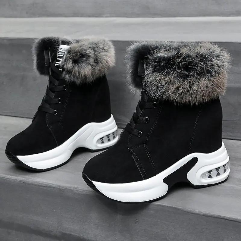 Женские ботильоны, теплая плюшевая зимняя обувь для женщин, ботинки на танкетке, женские ботинки на высоком каблуке, женские кожаные зимние ботинки, зимняя обувь