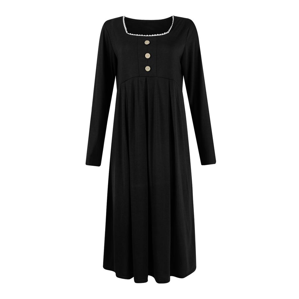 Женские повседневные модные длинные платья с квадратным воротником и длинным рукавом, кружевные, однотонные, винтажные, с карманом, осень и зима