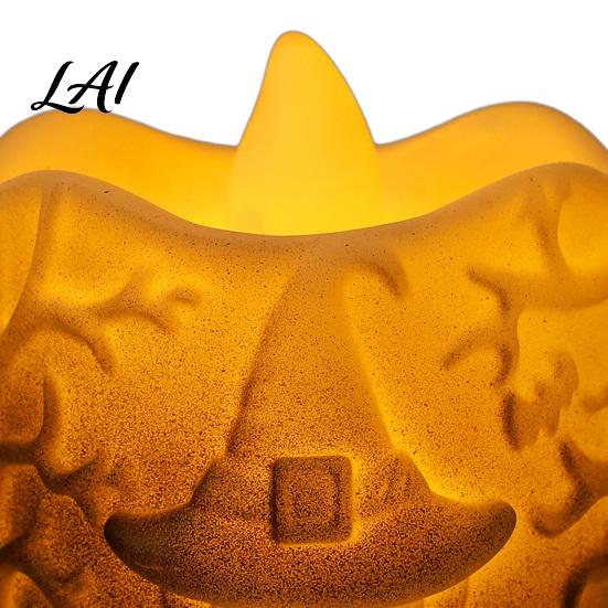 Vintage Style Pumpkin Lantern Halloween LED Candle Flameless Electronic Tealight Embossed Resin Lantern Warm Yellow Lamp Spooky Table Decor
